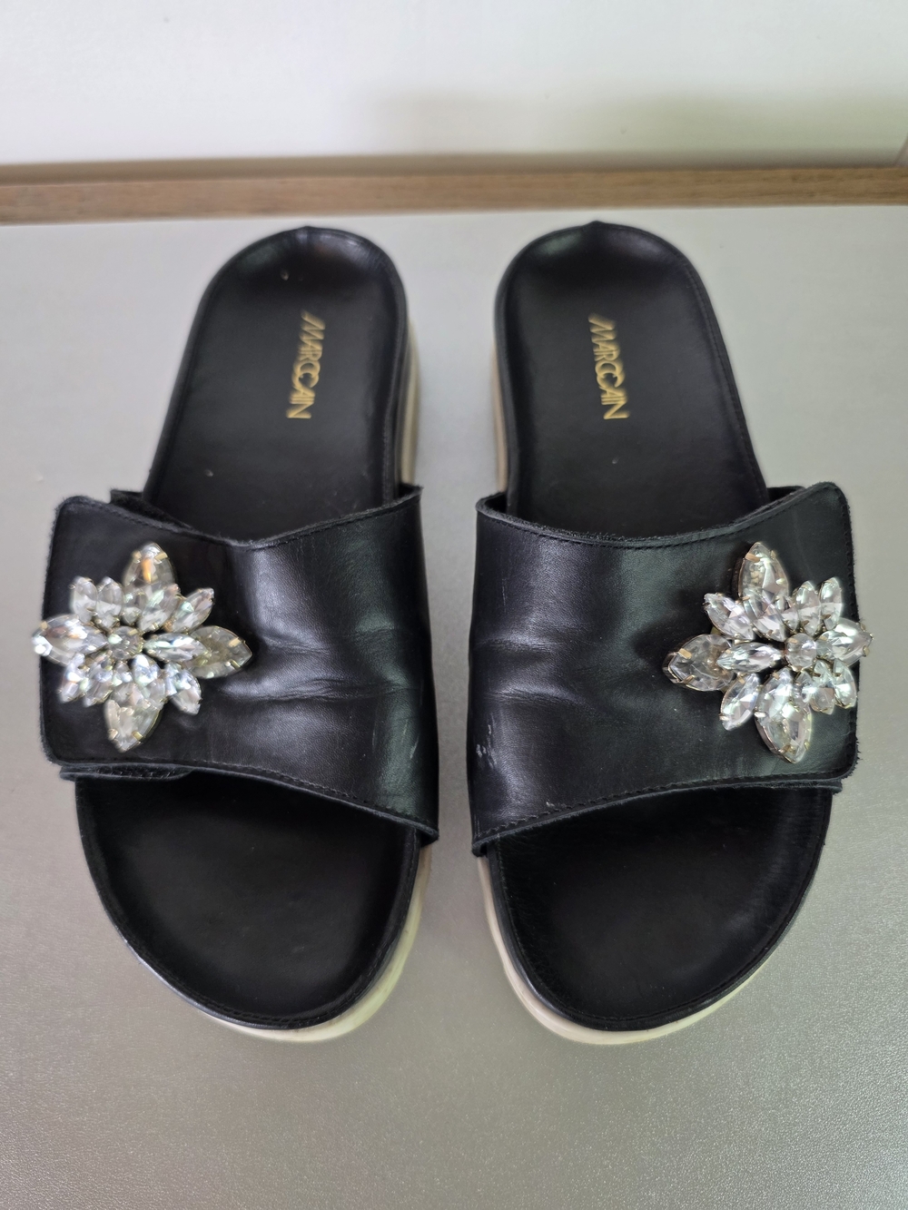 Marc Cain Black Slide Mules with Crystal Floral Accents